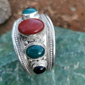 White Metal Bangle with Red Jasper Black Onyx and Green Onyx