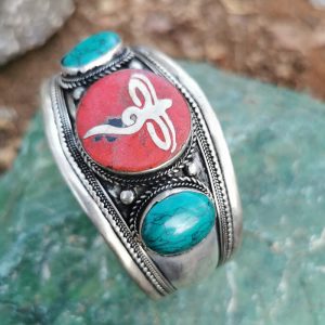 White Metal Bangle with Coral Enamel with Buddha Eyes and Turquoise