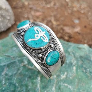 White Metal Bangle with Turquoise Enamel with Buddha Eyes and Turquoise