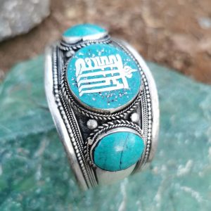 White Metal Bangle Turquoise Enamel with Kalachakra and Turquoise