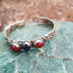 Copper Brass and Steel Bangle with Cornelian and Amethyst