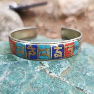White Metal Bangle Turquoise Lapis Lazuli and Coral Om Ma Ni Patme Om