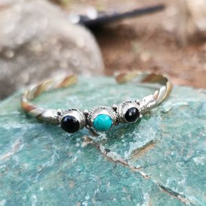 Copper Brass and Steel Bangle with Rose Quartz and Green Onyx