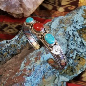 Copper Brass and Steel Bangle with Cornelian and Turquoise