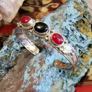 Copper Brass and Steel Bangle with Black Onyx and Red Agate