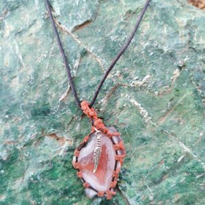 Macrame Necklace Botswana Agate with Feather