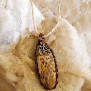 Macrame Necklace with Hemp Necklace and Petrified Wood with Tree of Life