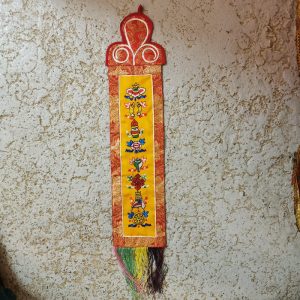 Saffron Background Embroided Astamagala 8 Auspicious Symbols