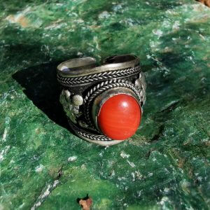 White Metal Ring with Red Coral Wide with Flowers